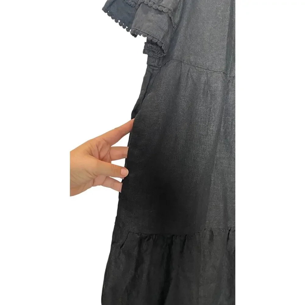 Chico’s 100% Linen Tiered Shirt Dress Black Ruffle Sleeve Pockets Size 0.5